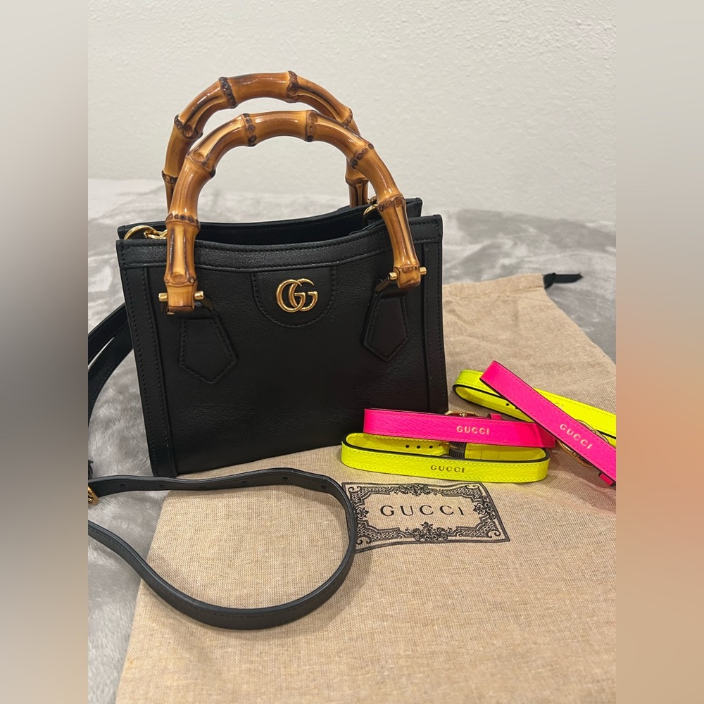 GUCCI Wonka Grain Calfskin Mini Diana Tote Bag Black Yellow Fluo includes Pink